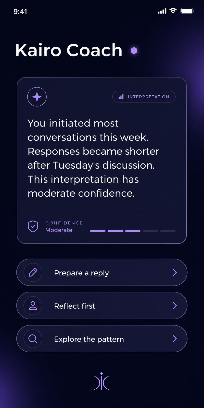 Kairo Coach screen showing a moderate-confidence observation about conversation rhythm